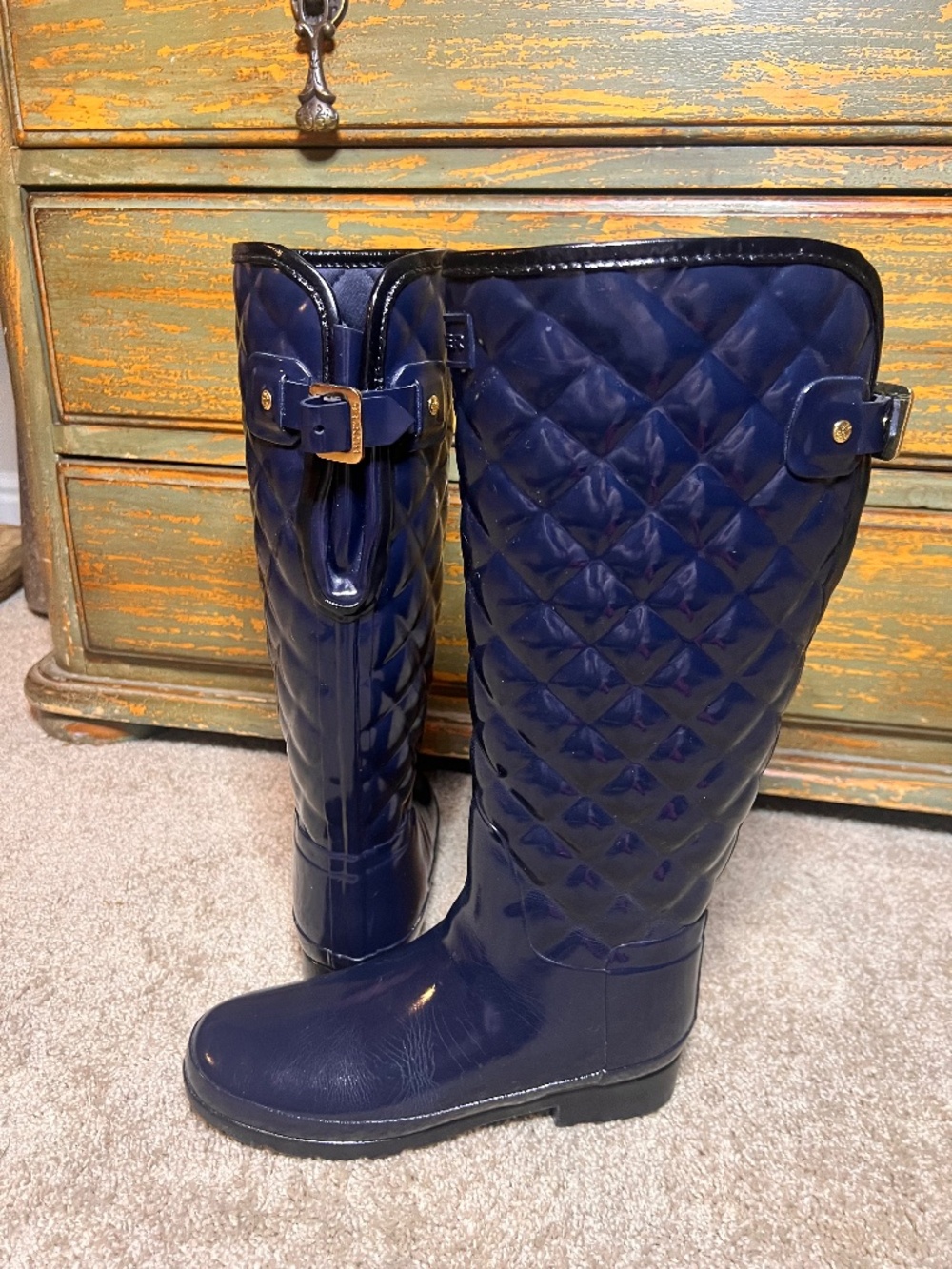 Hunter Refined Gloss Quilted Tall Rain Boots Navy Blue Gold Buckle Size 6